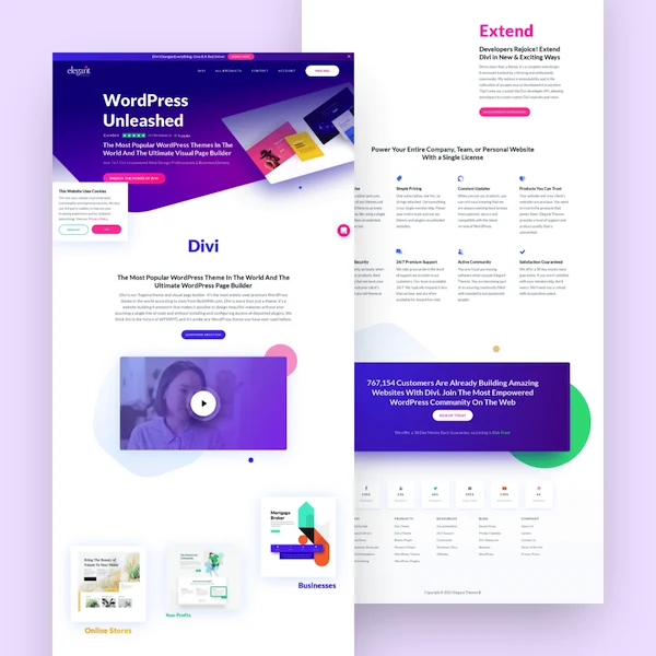 Purple WordPress website shown as full page screenshots